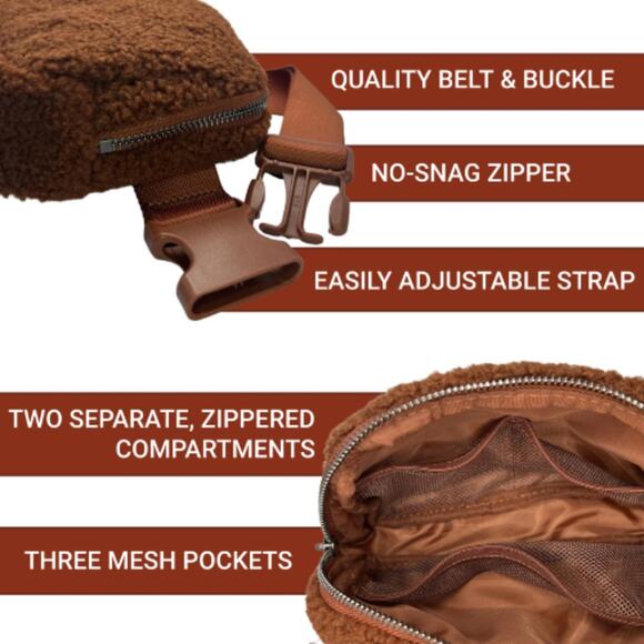 New Everyday Dark Brown Sherpa Fuzzy Standard Size Fanny Pack - Picture 8 of 8